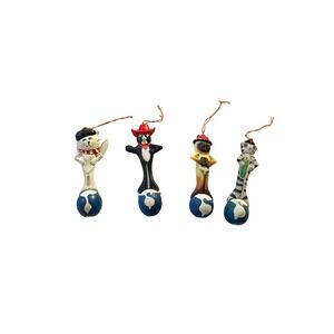 Vintage Hand Painted Cat Ornaments World Globe Set Of 4 Whimsical Folk Art